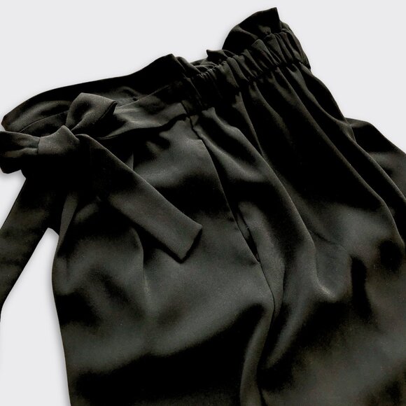 ZARA High Rise Wide Leg Cropped Pants XS Black Tie Waist Elastic Back - Picture 9 of 10